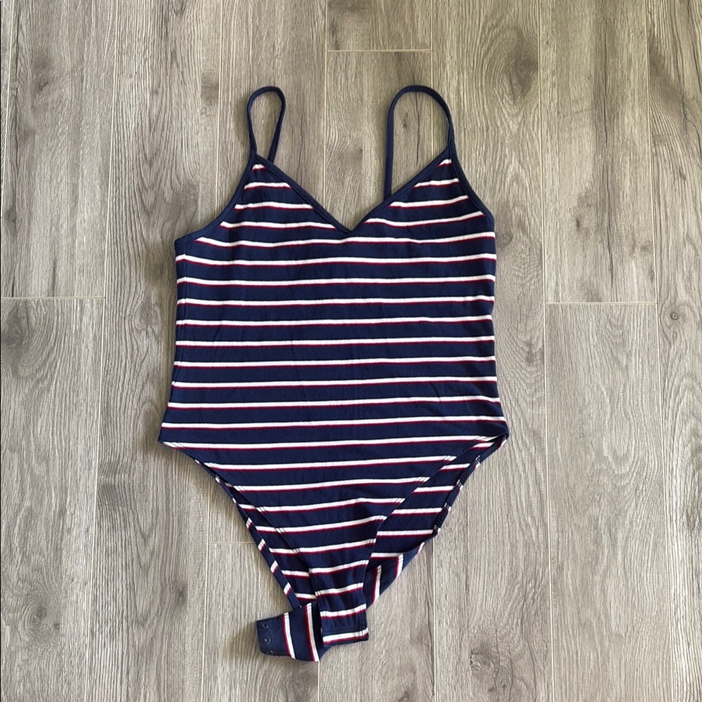 Divided Navy and Red Striped Bodysuit
